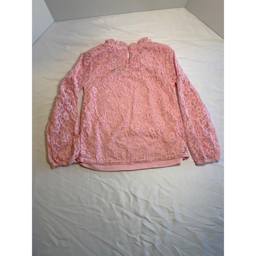 Girls Pink Lace Long Sleeve Top Ruffle Neckline Party Special Occasion Sz Sm 6 - Picture 2 of 5